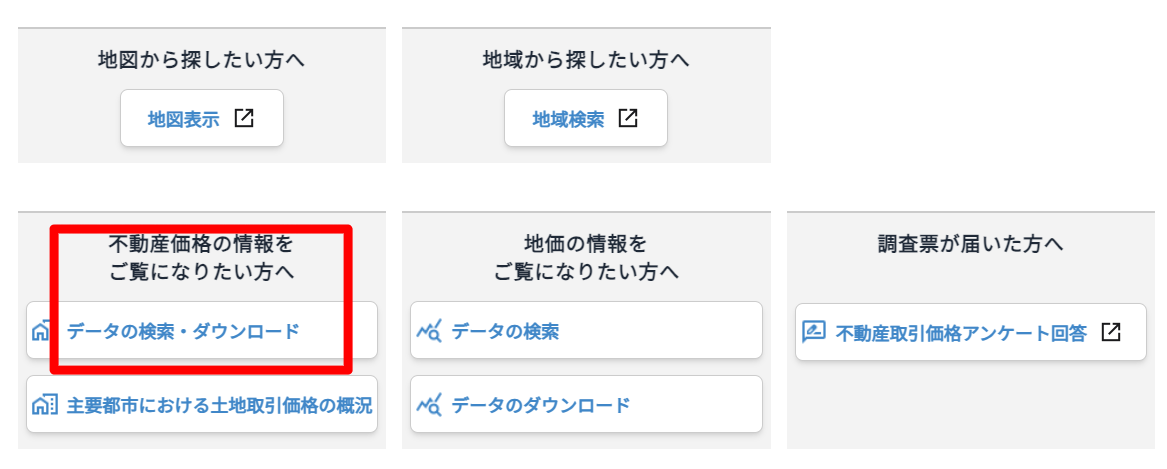 1.「不動産価格の情報をご覧になりたい方へ」の項目の「データの検索・ダウンロード」を押下。
